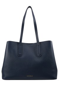 Granatowa skórzana torba tote z dwoma uchwytami, o usztywnionym kształcie, z fakturowaną powierzchnią i złotym oznaczeniem na dole. Brak widocznych detali sprzętowych.