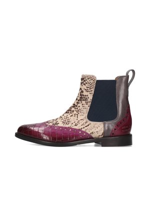 Chelsea ankle boot featuring a burgundy crocodile-embossed toe, beige fur-like material with dark spots, and a navy elastic side panel.