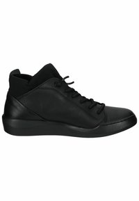 Black leather ankle sneakers with a rounded toe, lace-up design, padded collar, and textured rubber sole, featuring minimalistic stitching details.