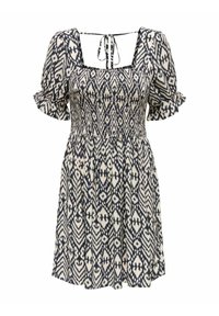 Robe smockée en crème et marine avec un motif floral. Elle présente de courtes manches bouffantes et une fermeture à nouer dans le dos. Texture de tissu douce.