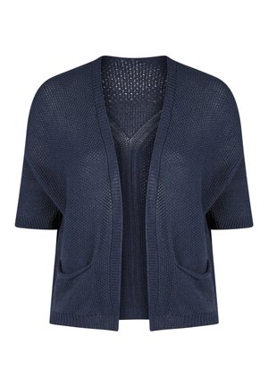 Mørkeblå strikket kortærmet cardigan med åben front og to forlommer, fremstillet i et tekstureret, åndbart stof.