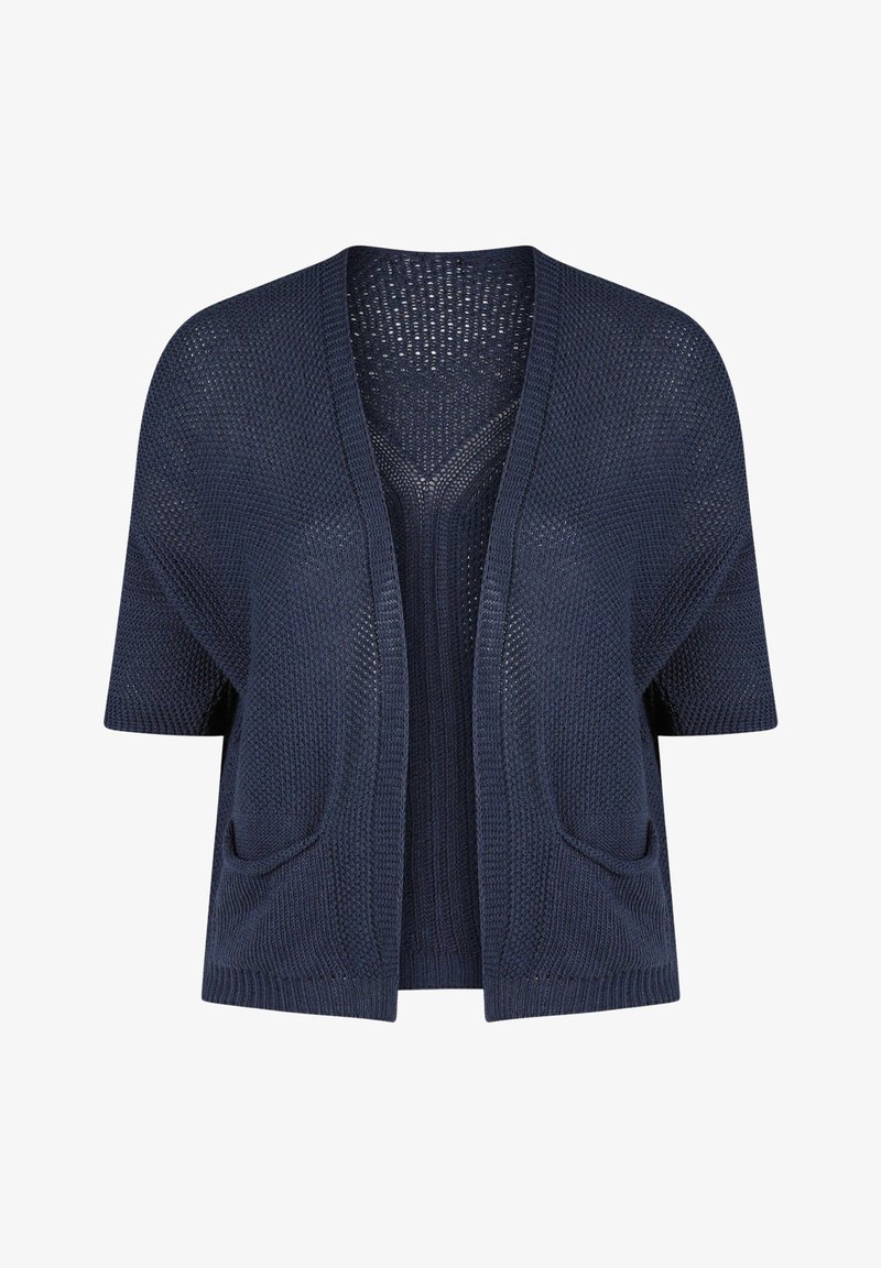 Cardigan en maille bleu marine à manches courtes avec devant ouvert et deux poches avant, présentant un tissu texturé et respirant.