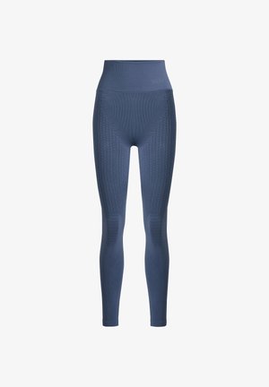 High-rise, naadloze marineblauwe leggings met textuur, voorzien van een geribbelde tailleband en een patroon van gebreide details op de bovenbenen en knieën.
