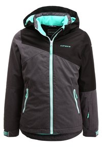 Kapuzenshirt mit schwarzem Oberteil und grauem Körper, ausgestattet mit mintgrünen Akzenten, Reißverschluss-und seitlichen Taschen mit kontrastierenden Reißverschlüssen.