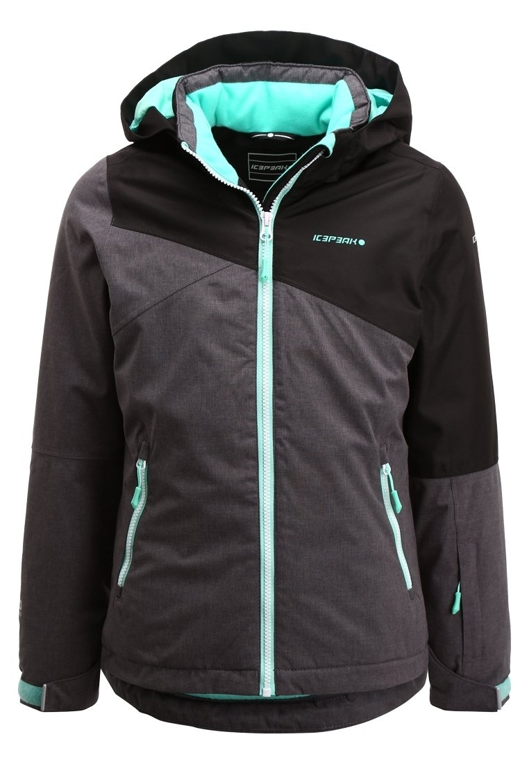 Kapuzenshirt mit schwarzem Oberteil und grauem Körper, ausgestattet mit mintgrünen Akzenten, Reißverschluss-und seitlichen Taschen mit kontrastierenden Reißverschlüssen.