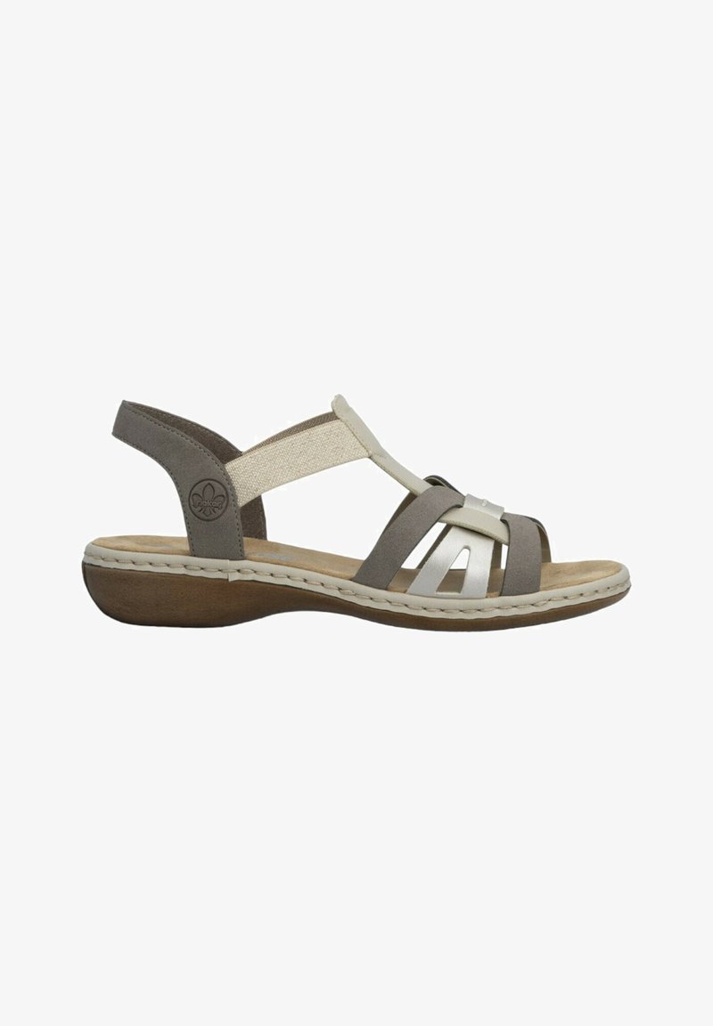 Dame sandal i beige og taupe med åben tå, slingback-rem, polstret fodseng og lav kilehæl.