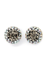 Orecchini a cerchio con un mazzo di pietre nere glitterate e iridescenti, con una superficie testurizzata e un design sfaccettato. Montatura in argento.