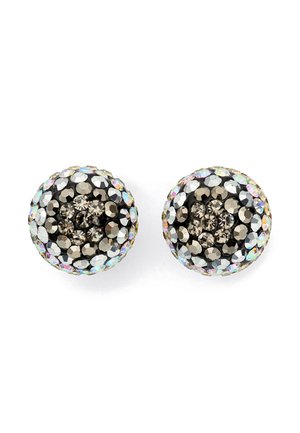 Runde Ohrringe mit einem Cluster aus glitzernden schwarzen und schillernden Steinen, die eine strukturierte Oberfläche und facettierte Gestaltung aufweisen. Silberne Fassung.