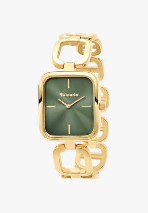 Goldene Armbanduhr mit einem quadratischen grünen Zifferblatt, goldenen Stundenmarkierungen und Zeigern sowie dem Markennamen "Tamaris" auf dem Zifferblatt.