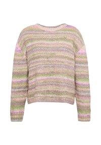 Garen trui in pastelkleuren met horizontale strepen. Heeft een ronde hals en lange mouwen, gemaakt van zachte gestructureerde garen.