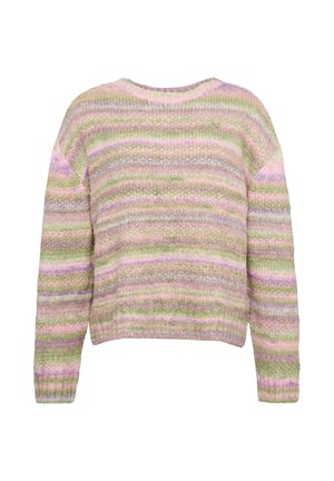 Strickpullover in Pastellfarben mit horizontalen Streifen. Hat einen runden Ausschnitt und lange Ärmel, gefertigt aus weichem, strukturiertem Garn.