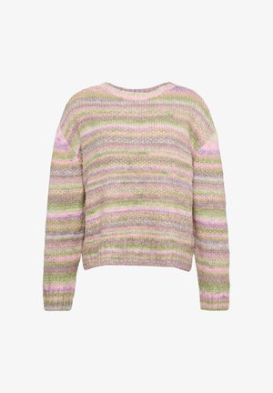 Pastellides toonides kootud sviiter horisontaalsete triipudega. Omab ümmargust kaelust ja pikki varrukaid, valmistatud pehmest tekstuuriga lõngast.