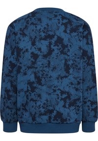 Marineblauwe sweatshirt weergegeven vanaf de achterkant, met een textuurpatroon van donkere en lichte blauwe vlekken. Geribde cuffs en halslijn.