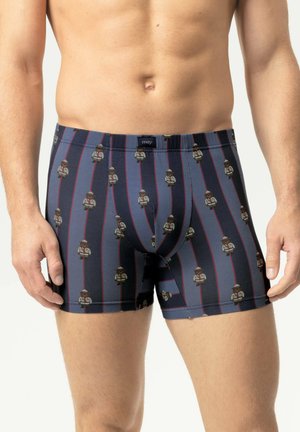 Mann trägt dunkelblaue Boxershorts mit vertikalen roten Streifen und kleinem Teddybärmuster, steht mit entspannten Armen an den Seiten.