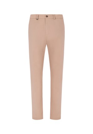 Pantaloni formali beige a taglio slim con passanti per cintura, chiusura frontale con bottone e cerniera, progettati per uomo.
