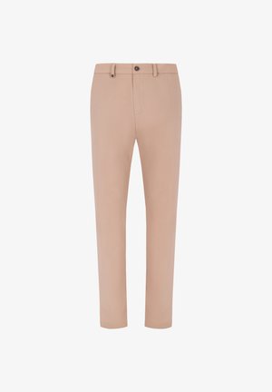 Pantaloni formali beige a taglio slim con passanti per cintura, chiusura frontale con bottone e cerniera, progettati per uomo.