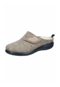 Brown felt slipper with a black rubber sole, rounded toe, and slip-on design. Features a stitched label on the side. Soft texture.