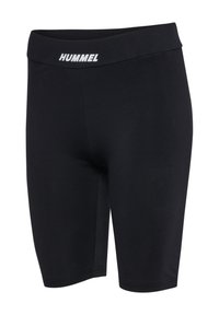 Czarne spodenki sportowe wykonane z elastycznego materiału, z szerokim paskiem w talii z logo "HUMMEL". Dopasowany krój z gładką fakturą.