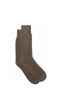 Braune, knielange Socken aus Fleece mit einem gerippten Bündchen. Weiche Textur in einfarbig ohne auffällige Muster oder Akzente.