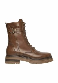 Bottines en cuir marron avec un design à lacets, présentant un détail de sangle sur le côté et une semelle en caoutchouc durable avec une texture crantée. Texture lisse.