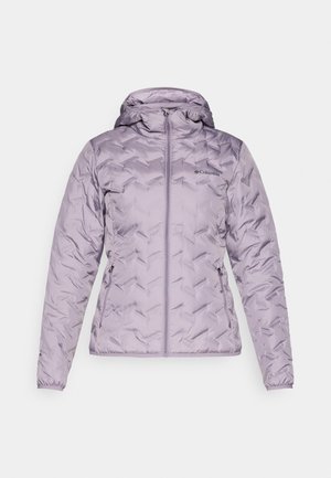 Light purple puffer jacket with a hood, quilted pattern, front zipper, and two side pockets. Made from smooth, weather-resistant fabric.
