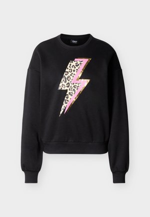 Melna garroku džemperis ar lielu zibens zīmes dizainu, kurā ir leopardu raksts, rozā un zelta akcenti priekšpusē.