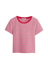 T-shirt à manches courtes rayé horizontalement rouge et blanc avec un col rouge uni.