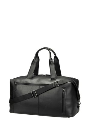 Zwarte leren duffeltas met twee handvatten, verstelbare schouderriem en drie zichtbare ritssluitingen aan de voor- en zijkant.