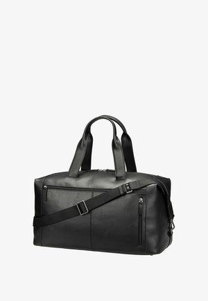 Zwarte leren duffeltas met twee handvatten, verstelbare schouderriem en drie zichtbare ritssluitingen aan de voor- en zijkant.