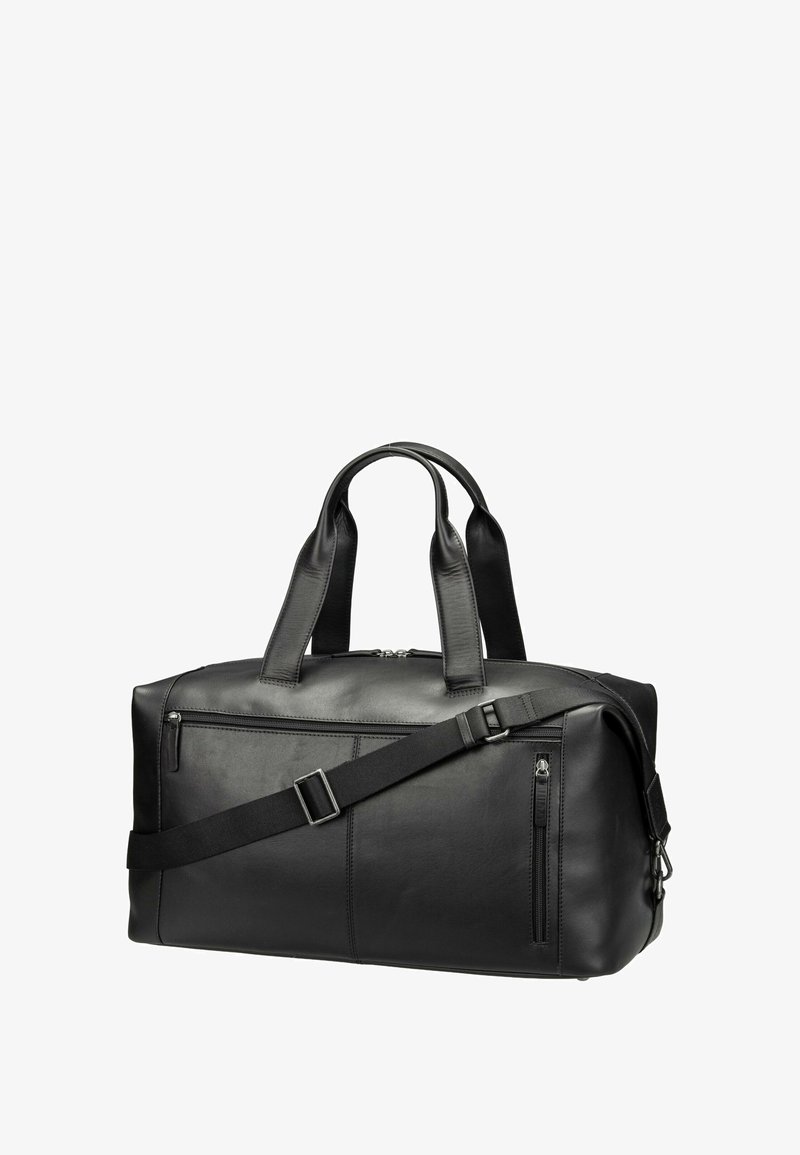 Schwarze Leder-Reisetasche mit zwei Griffen, verstellbarem Schultergurt und drei sichtbaren Reißverschlusstaschen vorne und an der Seite.