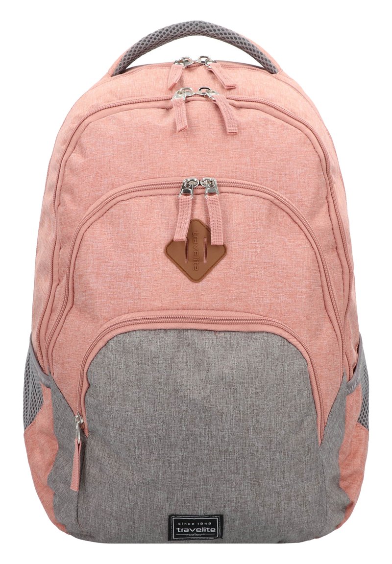 Zaino in tessuto rosa e grigio con finitura testurizzata, manico imbottito, scomparti con doppia cerniera e tasche laterali in rete per il deposito.