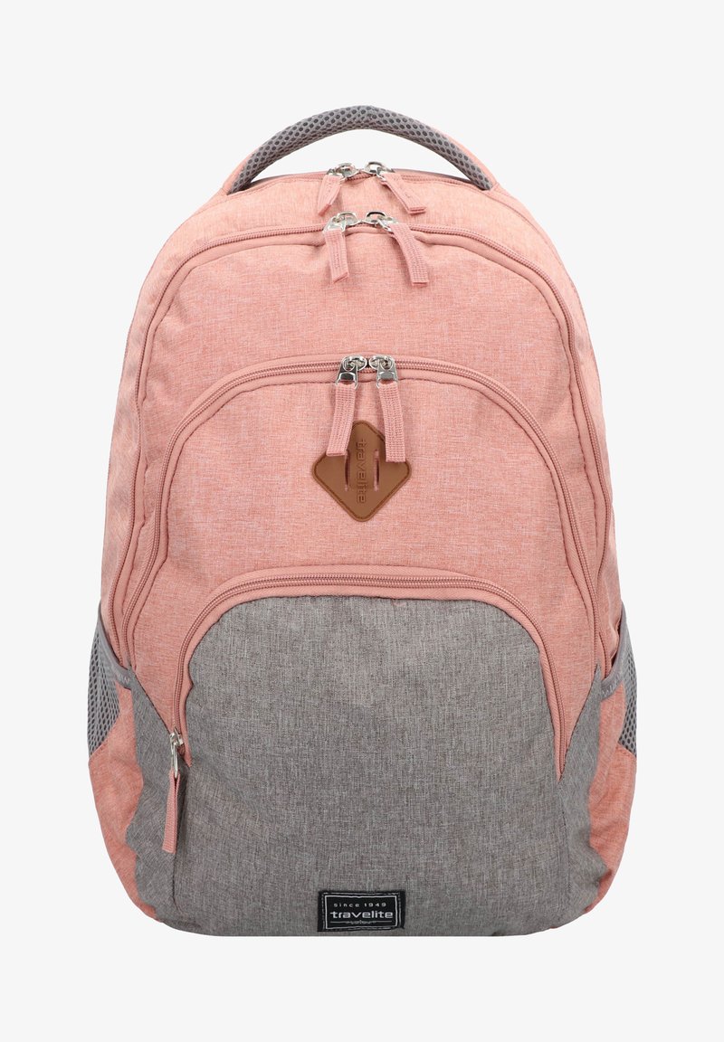 Zaino in tessuto rosa e grigio con finitura testurizzata, manico imbottito, scomparti con doppia cerniera e tasche laterali in rete per il deposito.