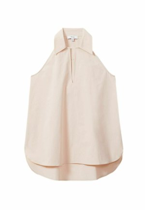 Ärmellose beige Bluse mit spitzem Kragen und einer vorderen Aussparung, mit einem High-Low-Saum-Design.
