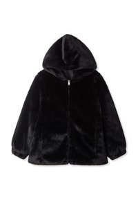 Giacca nera con zip e cappuccio, realizzata in morbido pellicciotto sintetico. Presenta maniche lunghe e una fodera interna liscia e lucida. Design semplice senza motivi visibili.