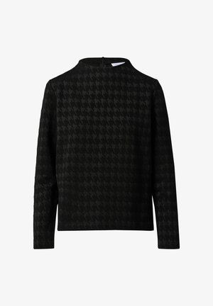 Black long-sleeve top with a subtle houndstooth pattern, high neckline, and back zipper closure. Textured fabric with a structured fit.