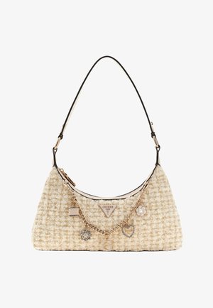 Torba tweed w kremowym kolorze z złotym okuciem, z dekoracyjnymi zawieszkami i kontrastowym czarnym paskiem na ramię. W zestawie trójkątne logo marki.