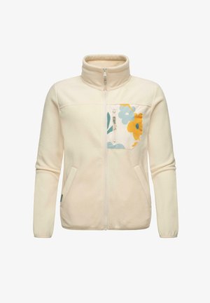 Chaqueta de forro polar con cremallera en crema, con un bolsillo de patrón floral que presenta flores amarillas y azules, dos bolsillos laterales y un cuello alto.