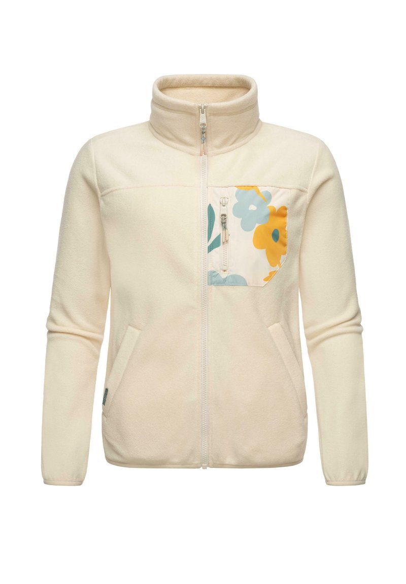 Kreminė vilnos zip-up striukė su gėlių rašto kišene, kurioje yra geltonų ir mėlynų gėlių, dviem šoninėm kišenėm ir aukštu apykakle.