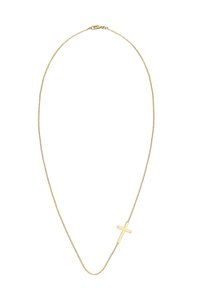 Gold metal necklace featuring a delicate chain and a small, minimalist cross pendant. Smooth surface with a polished finish.