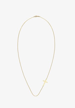 Złoty metalowy naszyjnik z delikatnym łańcuszkiem i małym, minimalistycznym wisiorkiem w kształcie krzyża. Gładka powierzchnia z polerowanym wykończeniem.