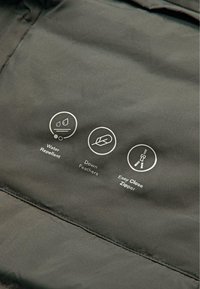 Tessuto idrorepellente con icone per piume d'oca, resistenza all'acqua e zip a chiusura facile, tutte stampate in bianco su sfondo scuro.