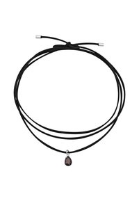 Black leather choker with three strands and a single teardrop-shaped dark gemstone pendant, accented by a silver setting.