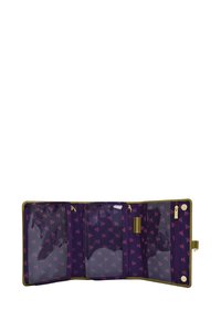 Purple wallet organizer with floral pattern, clear panels, zippered compartments, and gold accents. Features multiple sections for storage.