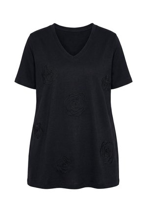 Sort kortærmet V-hals skjorte med broderede blomsterdekorationer spredt på forsiden.