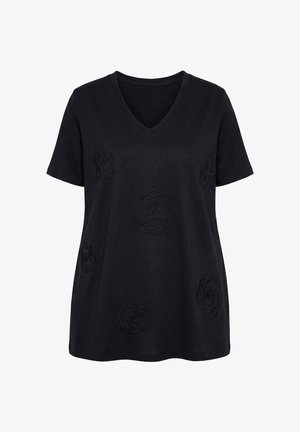 Schwarzes V-Ausschnitt-Shirt mit kurzen Ärmeln und bestickten Blumenmustern, die vorne verstreut sind.