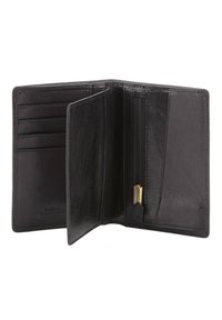 Portefeuille en cuir noir avec une texture lisse, comportant des emplacements pour cartes, une poche à pièce zippée et un design minimaliste.
