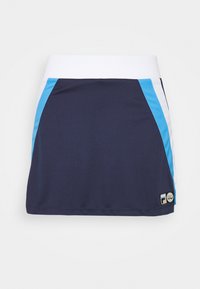 Falda de tenis marina con paneles laterales en azul claro y blanco. Hecha de material elástico, cuenta con una cintura elástica y un parche con el logo.