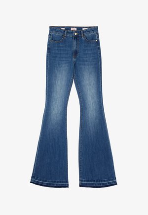 Blauwe denim jeans met een hoge taille, vijf zakken, knoop- en ritssluiting, en uitlopende wijde pijpen.
