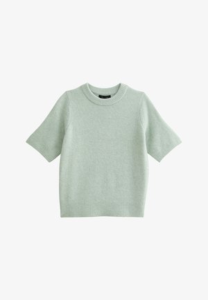 Pull à manches courtes en vert clair, fabriqué en mélange de laine douce, avec un col rond côtelé et un ourlet, offrant une coupe décontractée.