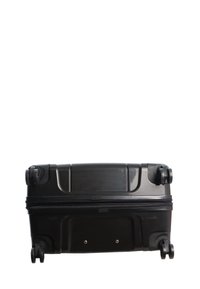 Maleta negra de carcasa dura con una superficie texturizada, equipada con dos ruedas, un asa en la parte superior y cierre de cremallera. Forma rectangular.